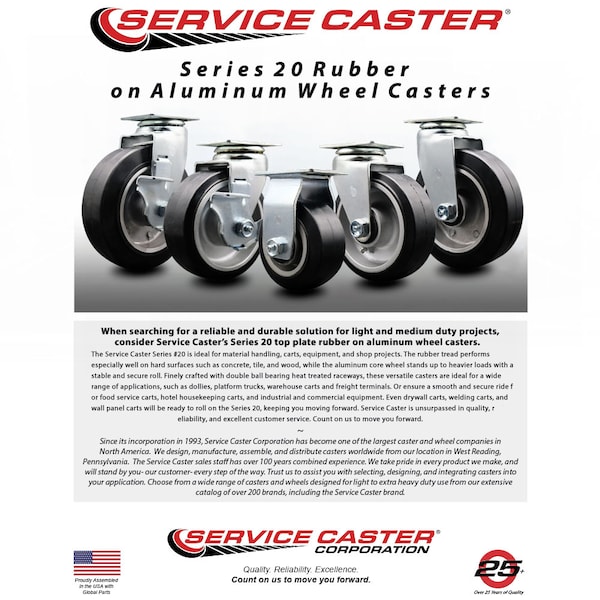 6 Inch Rubber on Aluminum Caster Set with Ball Bearings 2 Swivel 2 Rigid